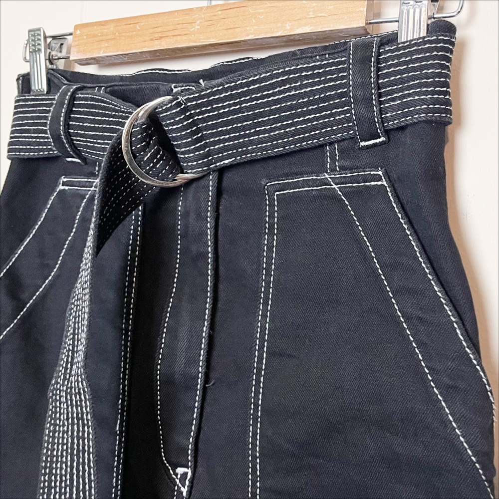 Sandro Paris Black Denim Mini Skirt 1 Small Belted Pockets A-Line Minimalist - Picture 3 of 10